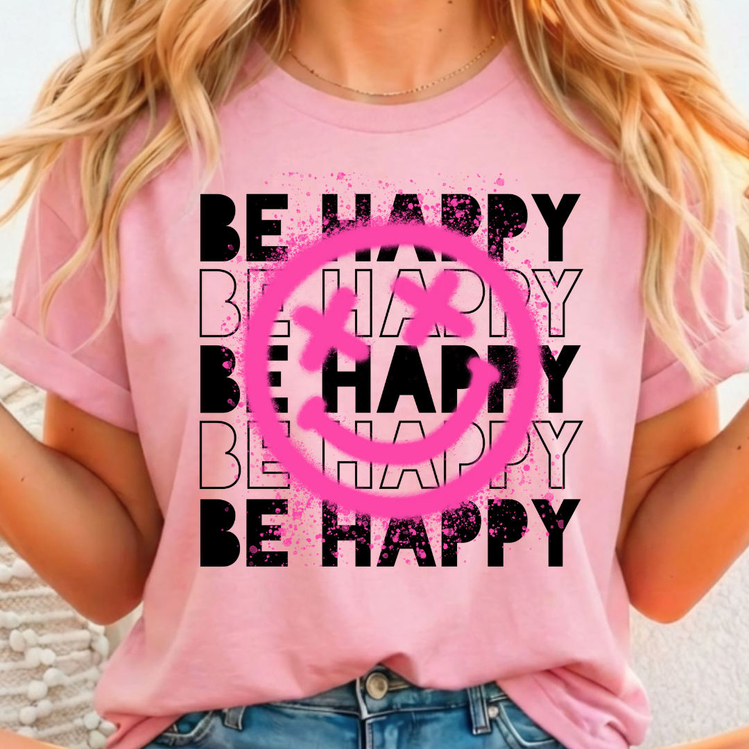 Be Happy - Pink Smiley Face - Full Color DTF T-Shirt Transfer - 168