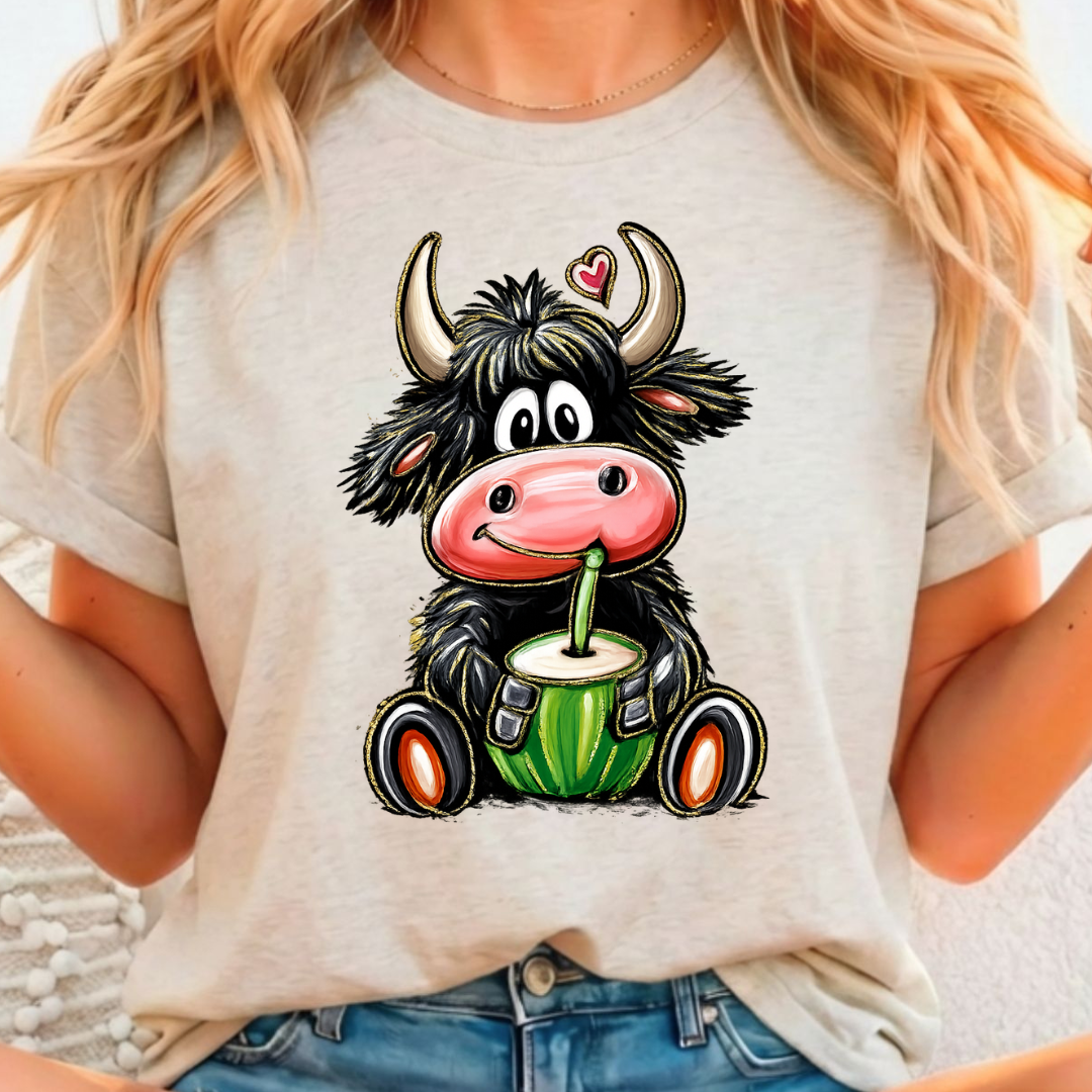 Cow Drinking Coconut - Full Color DTF T-Shirt Transfer - 324