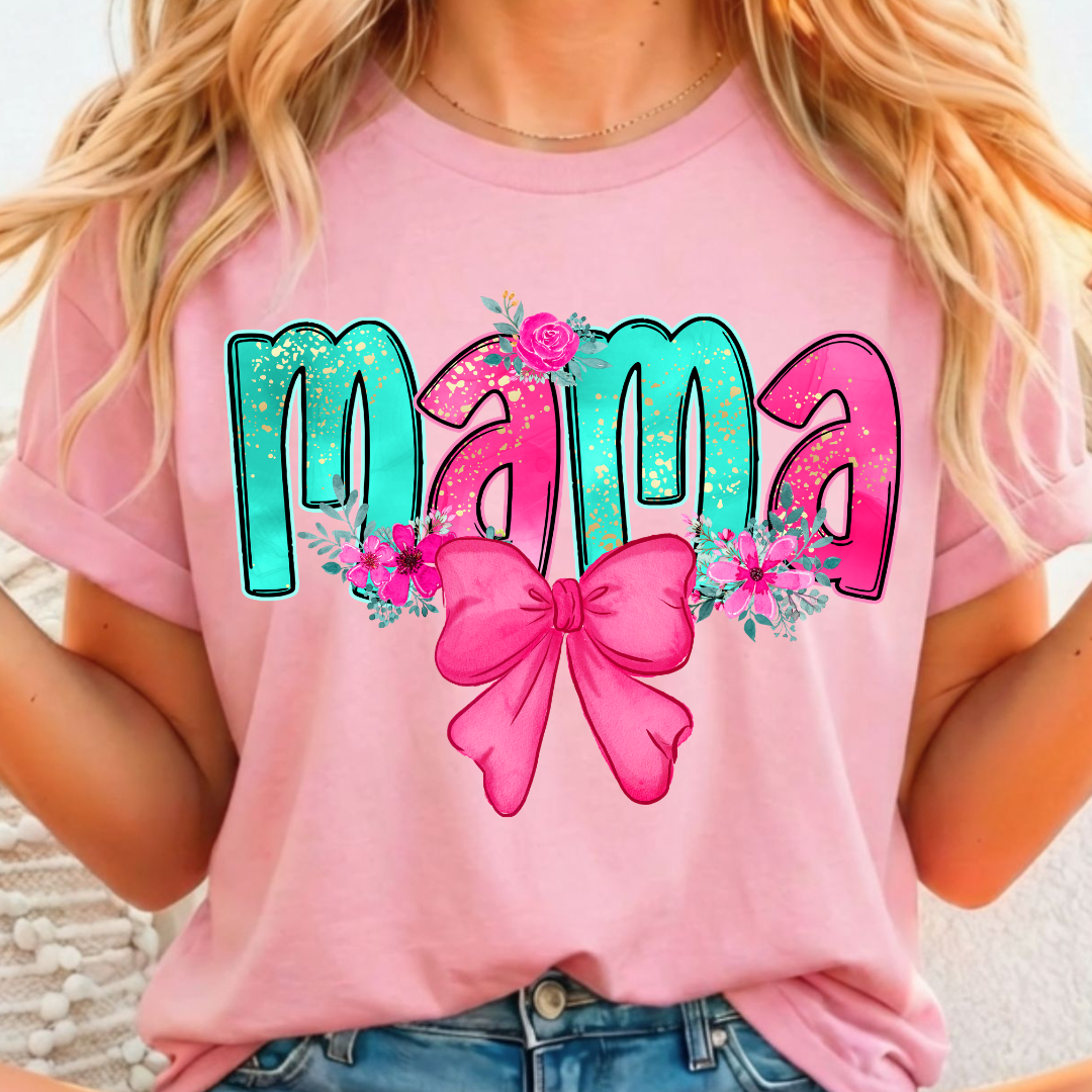 Mama Bow Teal & Pink Full Color DTF T-Shirt Transfer - 139
