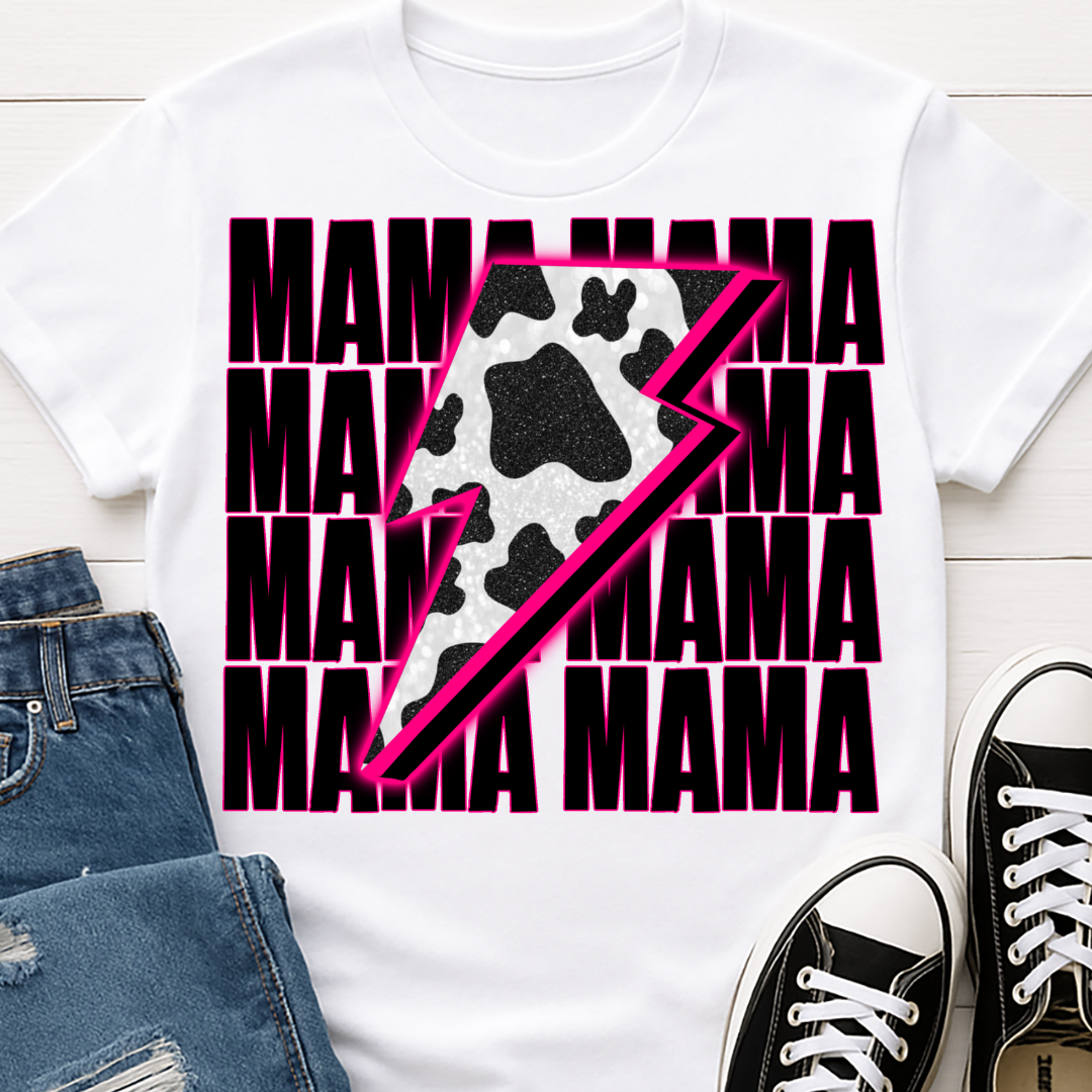Mama Pink Cow Bolt Full Color DTF T-Shirt Transfer - 161