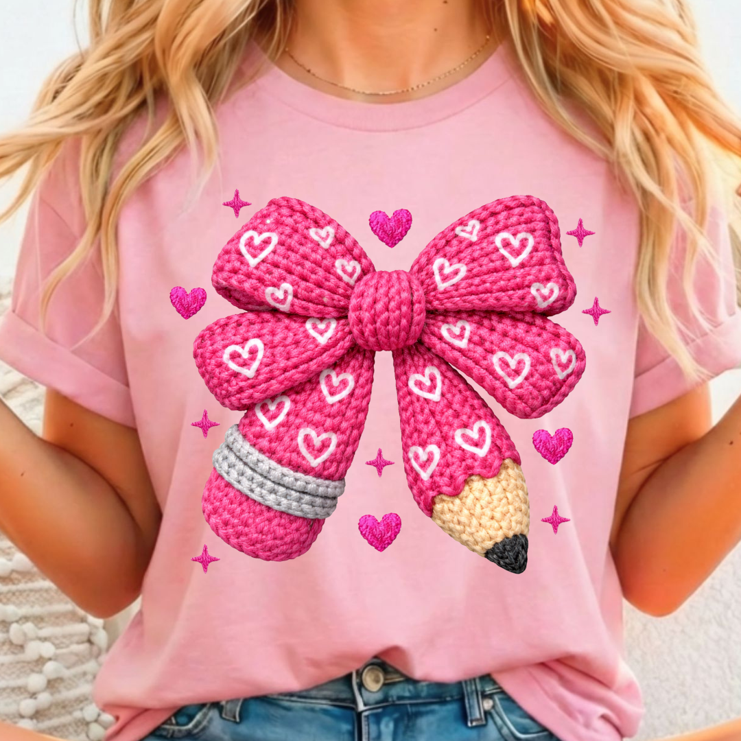 Pencil Bow Pink - Full Color DTF T-Shirt Transfer - 187
