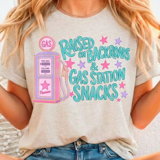 Raised On Backroads & Gas Station Snacks - Full Color DTF T-Shirt Transfer - 86