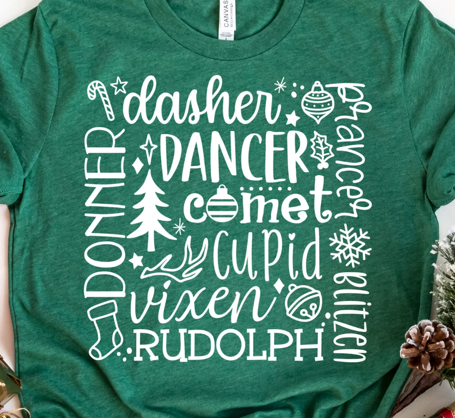 Reindeer Names Collage -  Single Color Screen Print - Adult Size