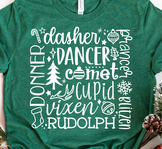 Reindeer Names Collage -  Single Color Screen Print - Adult Size