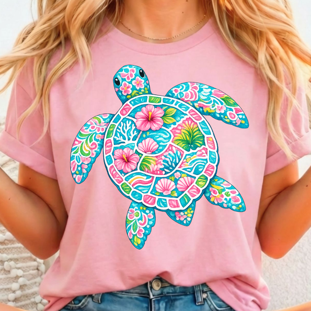 Sea Turtle Pink & Blue - Full Color DTF T-Shirt Transfer -Adult Size - 203