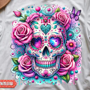 Skull Pink & Blue w Roses Full Color DTF T-Shirt Transfer - 77