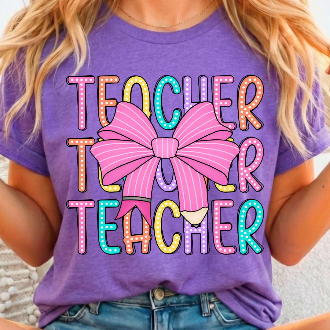 Teacher Pink Bow Full Color DTF T-Shirt Transfer - 218