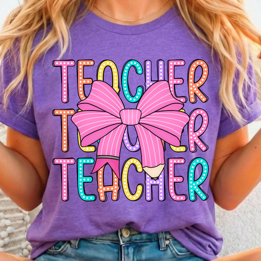 Teacher Pink Bow Full Color DTF T-Shirt Transfer - 218