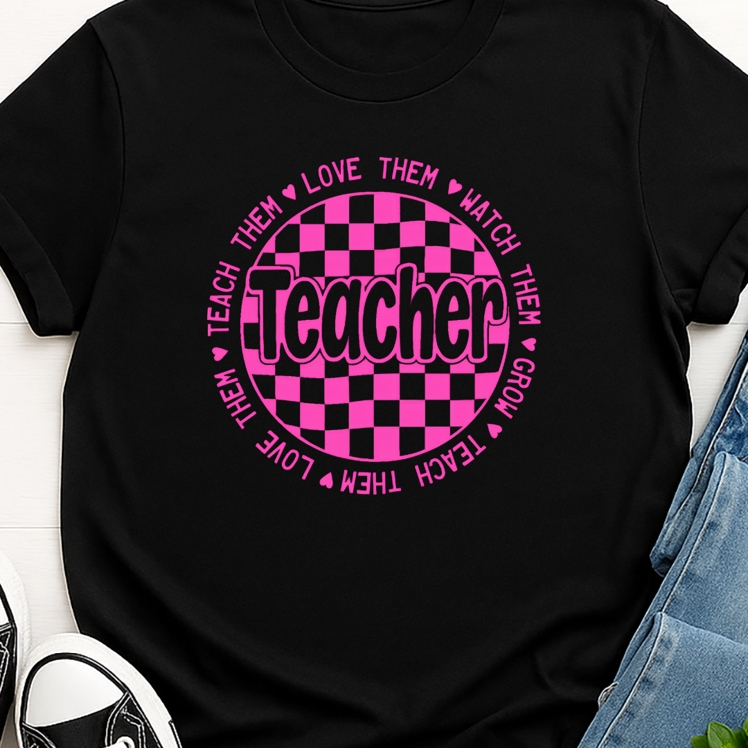Teacher Pink Checkered -  Single Color Screen Print - Adult Size