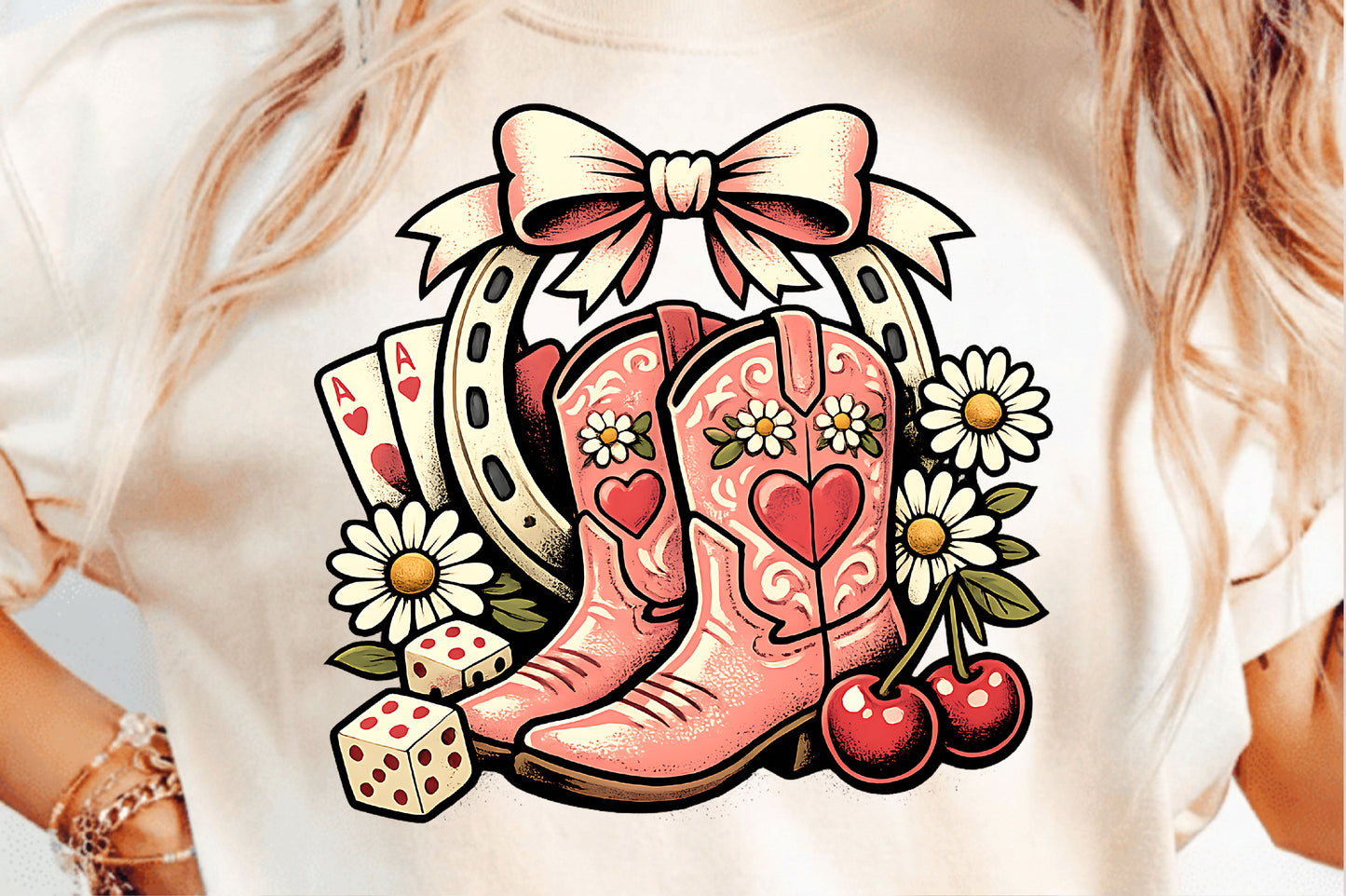 Pink Boots w/ Cards & Dice Full Color DTF T-Shirt Transfer - 229