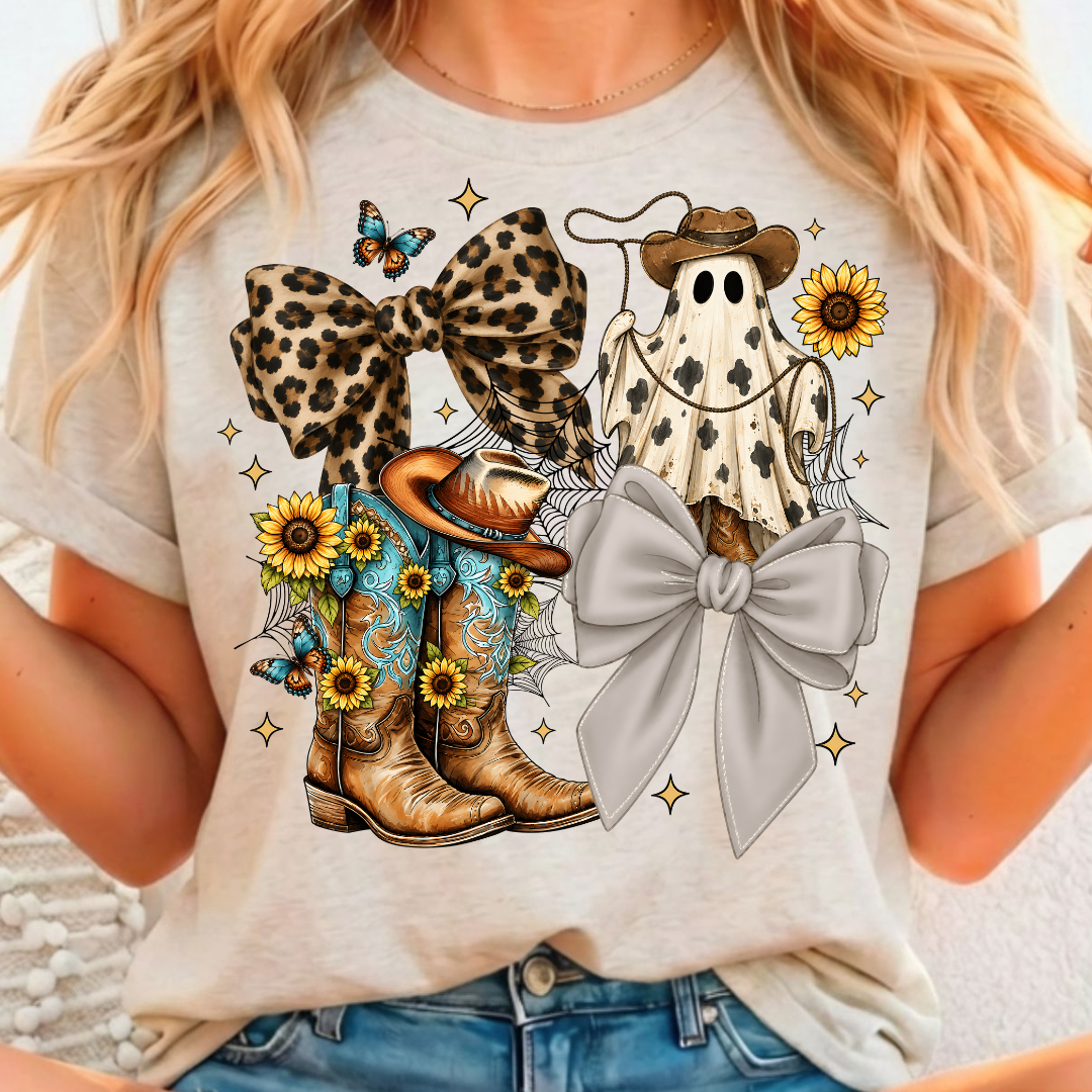 Western Boots w Bows & Ghost - Full Color DTF T-Shirt Transfer - 57